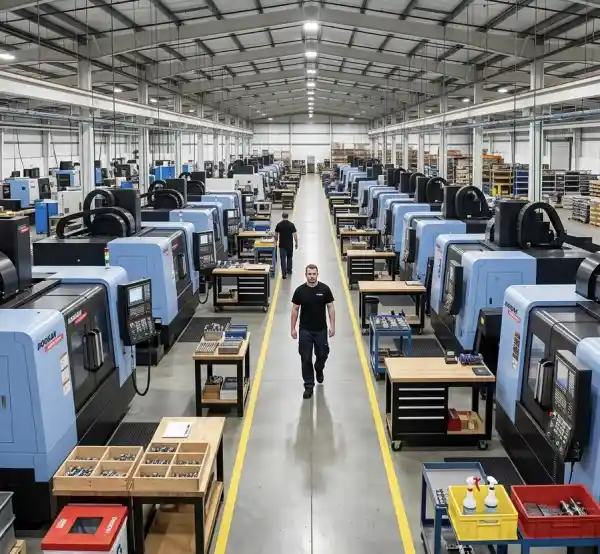 Wide view of a Cambridge manufacturing facility with rows of CNC production machines